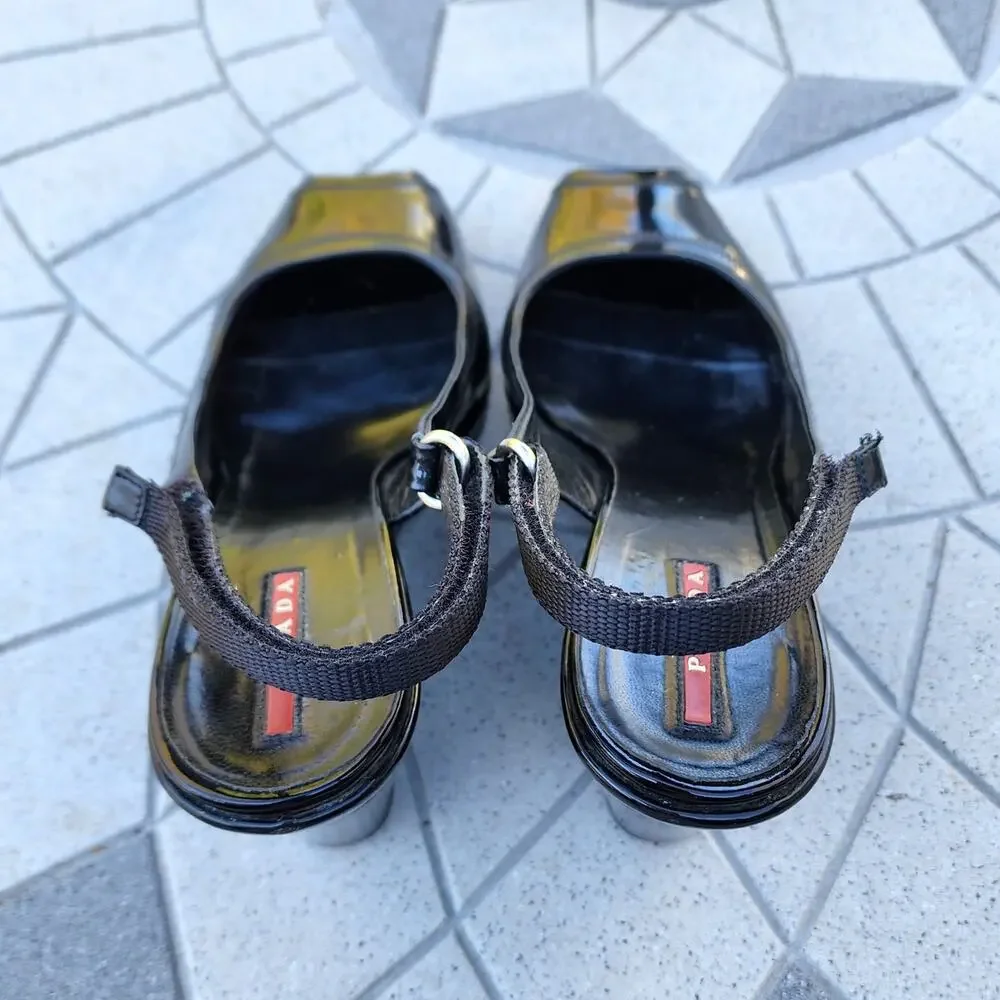 Prada Black Sport Patent Leather Peep Toe Wedge Slingback Sandals 41